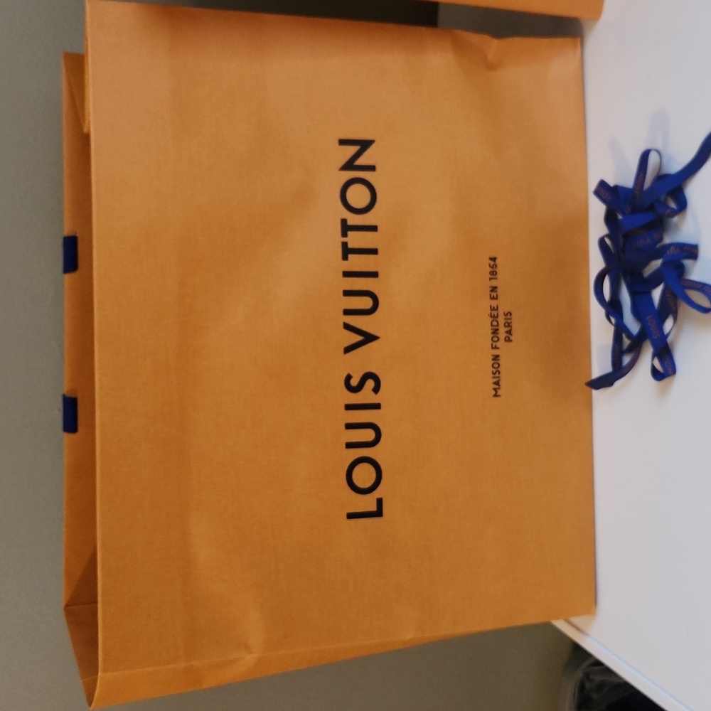 Empty Louis Vuitton Box and Shopping Bag with blue ribbon
